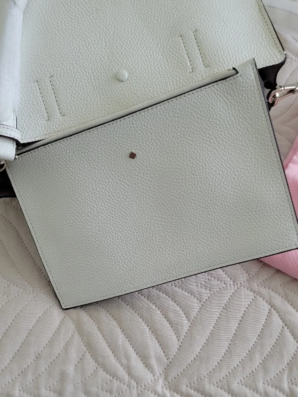 kate spade White Pebbled Leather Satchel with Pink Logo Plaque